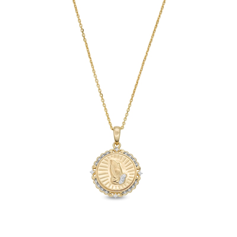 0.065 CT. T.W. Diamond Scallop Frame Praying Hands Medallion Pendant in Sterling Silver with 14K Gold Plate|Peoples Jewellers