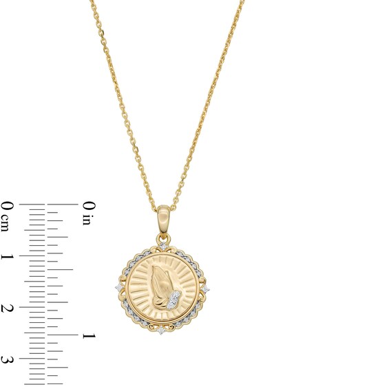 0.065 CT. T.W. Diamond Scallop Frame Praying Hands Medallion Pendant in Sterling Silver with 14K Gold Plate