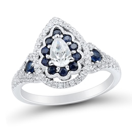 0.58 CT. T.W. Pear-Shaped Diamond and Blue Sapphire Scallop Frame Engagement Ring in 14K White Gold