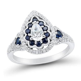 0.58 CT. T.W. Pear-Shaped Diamond and Blue Sapphire Scallop Frame Engagement Ring in 14K White Gold