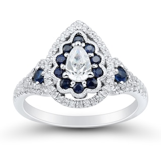 0.58 CT. T.W. Pear-Shaped Diamond and Blue Sapphire Scallop Frame Engagement Ring in 14K White Gold