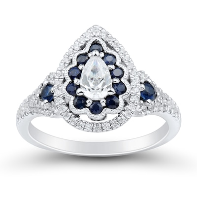 0.58 CT. T.W. Pear-Shaped Diamond and Blue Sapphire Scallop Frame Engagement Ring in 14K White Gold