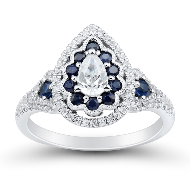 0.58 CT. T.W. Pear-Shaped Diamond and Blue Sapphire Scallop Frame Engagement Ring in 14K White Gold|Peoples Jewellers