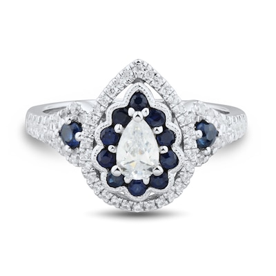 0.58 CT. T.W. Pear-Shaped Diamond and Blue Sapphire Scallop Frame Engagement Ring in 14K White Gold