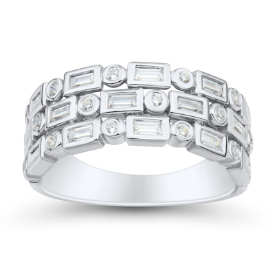 0.45 CT. T.W. Baguette and Round Diamond Alternating Triple Row Anniversary Band in 10K White Gold