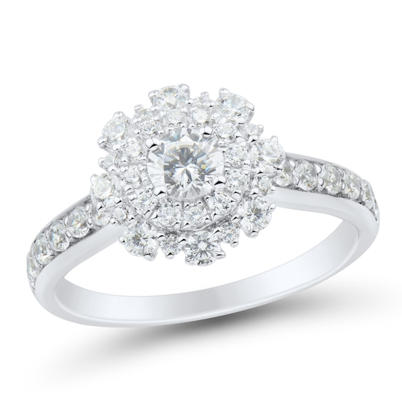 1.00 CT. T.W. Diamond Double Flower Frame Engagement Ring in 14K White Gold