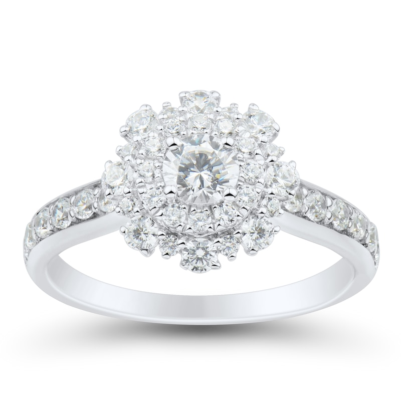 1.00 CT. T.W. Diamond Double Flower Frame Engagement Ring in 14K White Gold|Peoples Jewellers