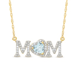 5.0mm Heart-Shaped Aquamarine and 0.10 CT. T.W. Diamond &quot;MOM&quot; Necklace in 10K Gold