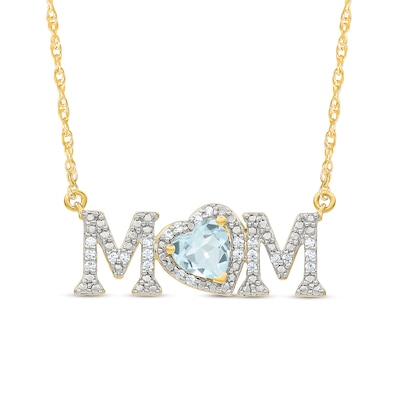 5.0mm Heart-Shaped Aquamarine and 0.10 CT. T.W. Diamond "MOM" Necklace in 10K Gold