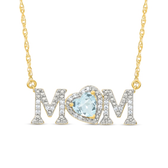 5.0mm Heart-Shaped Aquamarine and 0.10 CT. T.W. Diamond "MOM" Necklace in 10K Gold