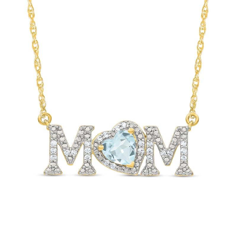 5.0mm Heart-Shaped Aquamarine and 0.10 CT. T.W. Diamond "MOM" Necklace in 10K Gold|Peoples Jewellers