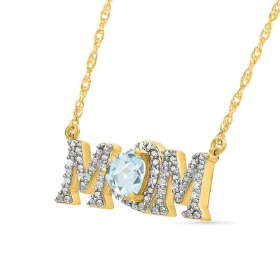 5.0mm Heart-Shaped Aquamarine and 0.10 CT. T.W. Diamond "MOM" Necklace in 10K Gold