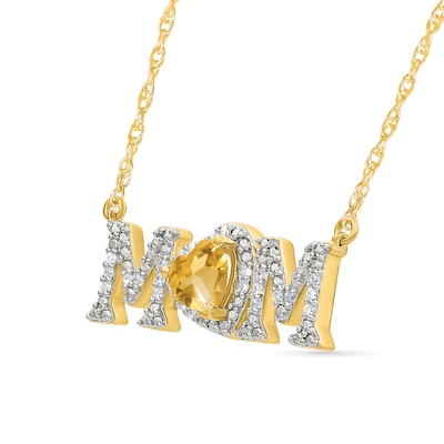 5.0mm Heart-Shaped Citrine and 0.10 CT. T.W. Diamond "MOM" Necklace in 10K Gold