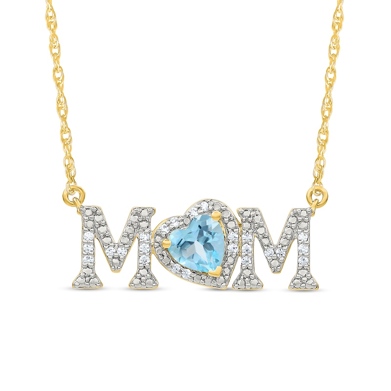 5.0mm Heart-Shaped Swiss Blue Topaz and 0.10 CT. T.W. Diamond "MOM" Necklace in 10K Gold|Peoples Jewellers