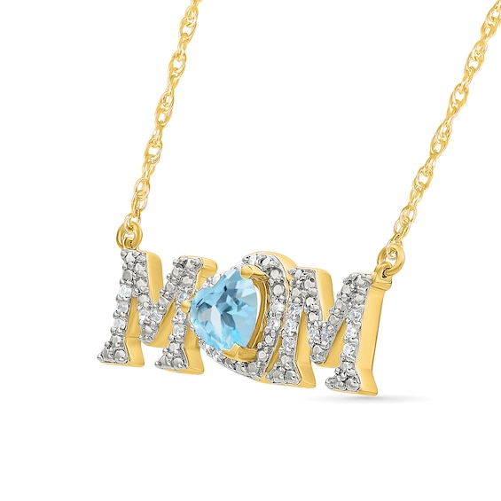 5.0mm Heart-Shaped Swiss Blue Topaz and 0.10 CT. T.W. Diamond "MOM" Necklace in 10K Gold