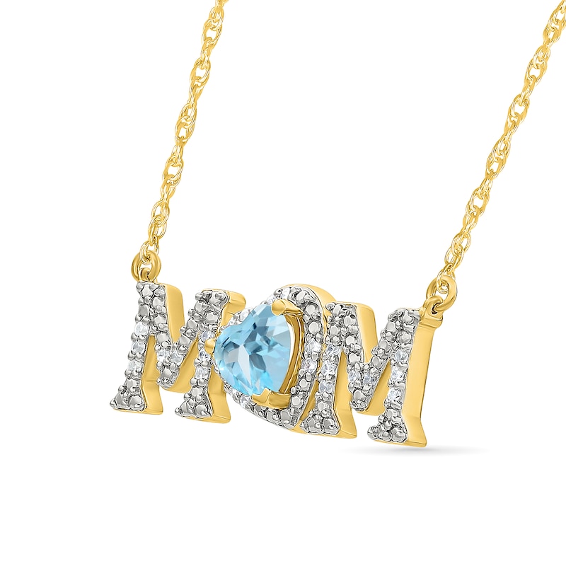 5.0mm Heart-Shaped Swiss Blue Topaz and 0.10 CT. T.W. Diamond "MOM" Necklace in 10K Gold|Peoples Jewellers