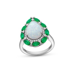 Pear-Shaped Lab-Created Opal, Lab-Created Emerald and White Lab-Created Sapphire Double Frame Ring in Sterling Silver