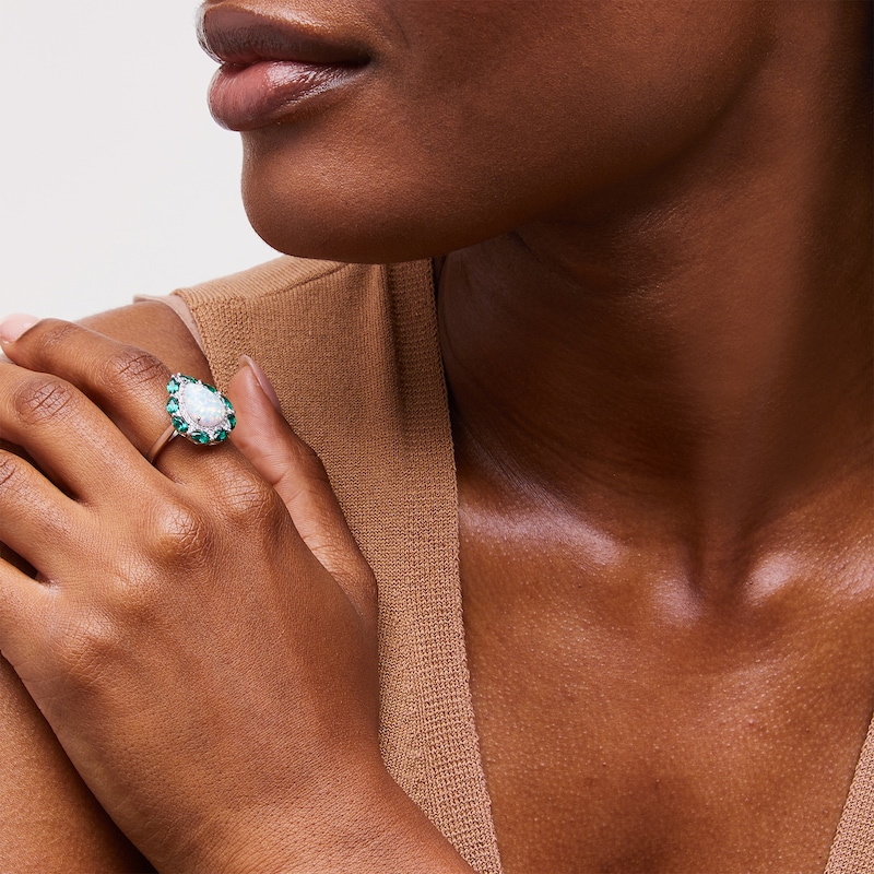 Pear-Shaped Lab-Created Opal, Lab-Created Emerald and White Lab-Created Sapphire Double Frame Ring in Sterling Silver|Peoples Jewellers