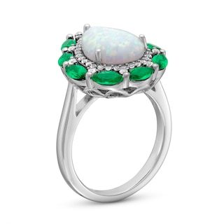 Pear-Shaped Lab-Created Opal, Lab-Created Emerald and White Lab-Created Sapphire Double Frame Ring in Sterling Silver