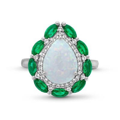 Pear-Shaped Lab-Created Opal, Lab-Created Emerald and White Lab-Created Sapphire Double Frame Ring in Sterling Silver