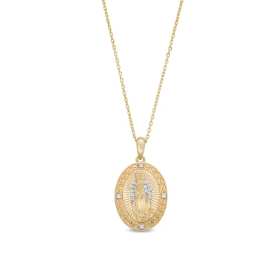 0.065 CT. T.W. Diamond Frame Virgin Mary Oval Medallion Pendant in Sterling Silver with 14K Gold Plate