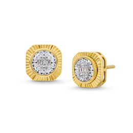 0.30 CT. T.W. Baguette and Round Multi-Diamond Cushion-Shaped Stud Earrings in 10K Gold