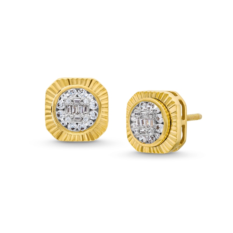 0.30 CT. T.W. Baguette and Round Multi-Diamond Cushion-Shaped Stud Earrings in 10K Gold|Peoples Jewellers