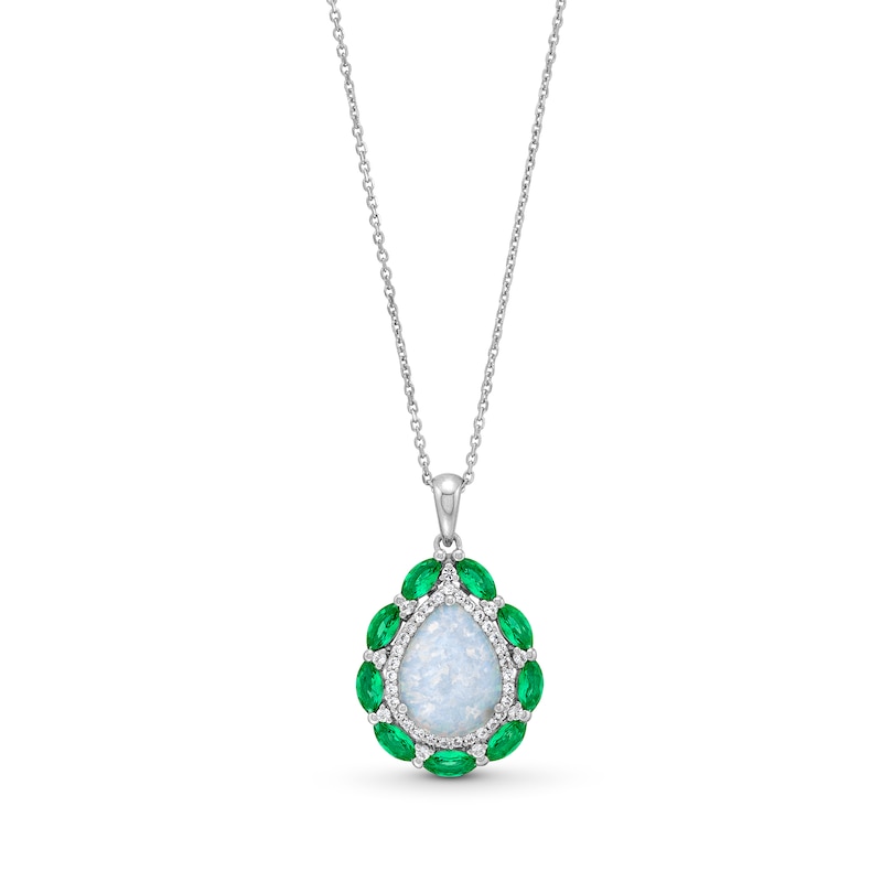 Lab-Created Opal, Lab-Created Emerald and White Lab-Created Sapphire Double Frame Pendant in Sterling Silver