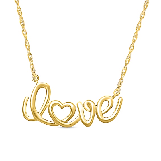 Lowercase Cursive "love" with Heart Necklace in 10K Gold