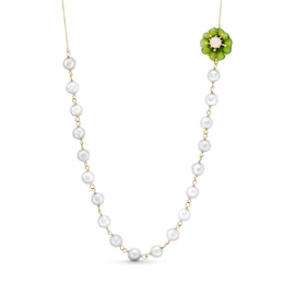 Green and White Jade Flower Bead Chain Necklace in 14K Gold