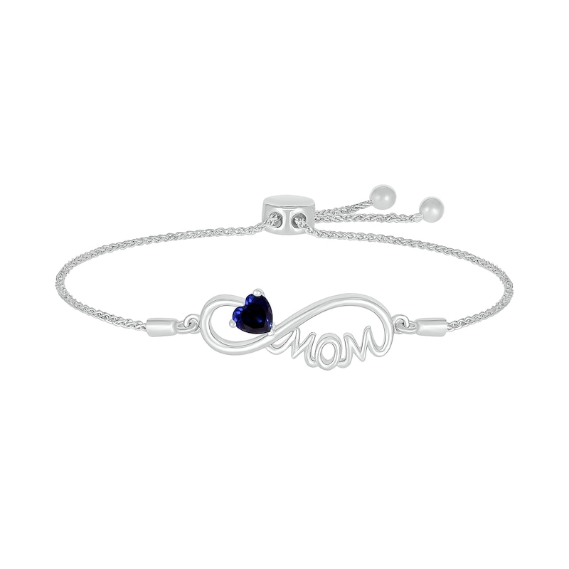 5.0mm Heart-Shaped Blue Lab-Created Sapphire "MOM" Infinity Bolo Bracelet in Sterling Silver - 9"