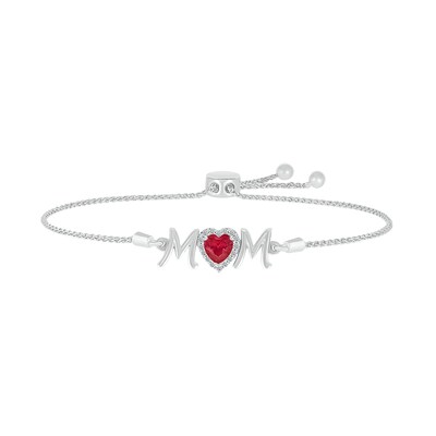 6.0mm Heart-Shaped Lab-Created Ruby and White Lab-Created Sapphire "MOM" Bolo Bracelet in Sterling Silver - 9"