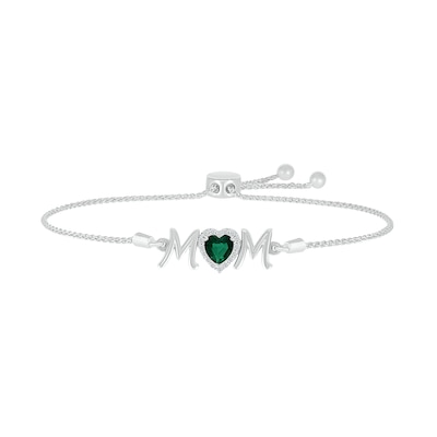 6.0mm Heart-Shaped Lab-Created Emerald and White Lab-Created Sapphire "MOM" Bolo Bracelet in Sterling Silver - 9"