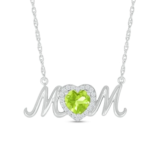 6.0mm Heart-Shaped Peridot and White Lab-Created Sapphire "MOM" Necklace in Sterling Silver