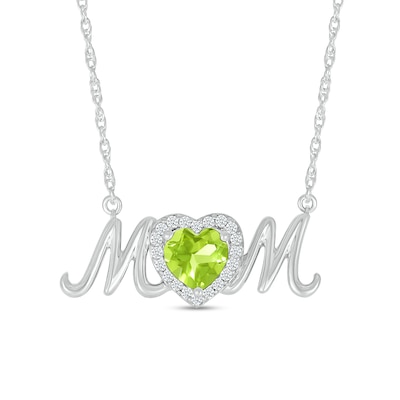 6.0mm Heart-Shaped Peridot and White Lab-Created Sapphire "MOM" Necklace in Sterling Silver