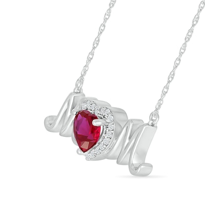 6.0mm Heart-Shaped Lab-Created Ruby and White Lab-Created Sapphire "MOM" Necklace in Sterling Silver