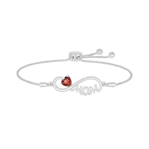 5.0mm Heart-Shaped Garnet "MOM" Infinity Bolo Bracelet in Sterling Silver - 9"