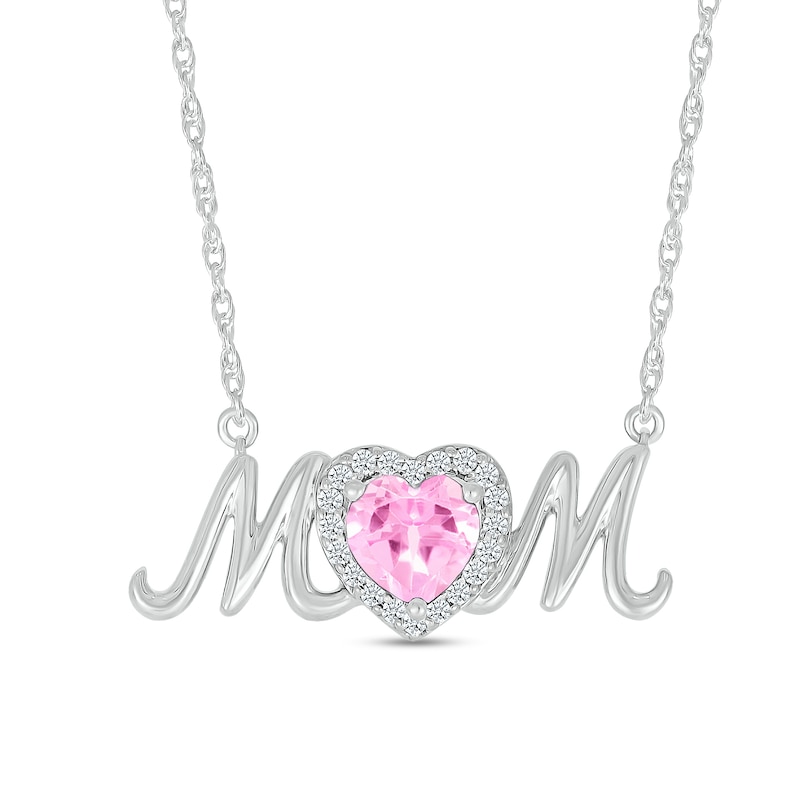 6.0mm Heart-Shaped Pink and White Lab-Created Sapphire "MOM" Necklace in Sterling Silver