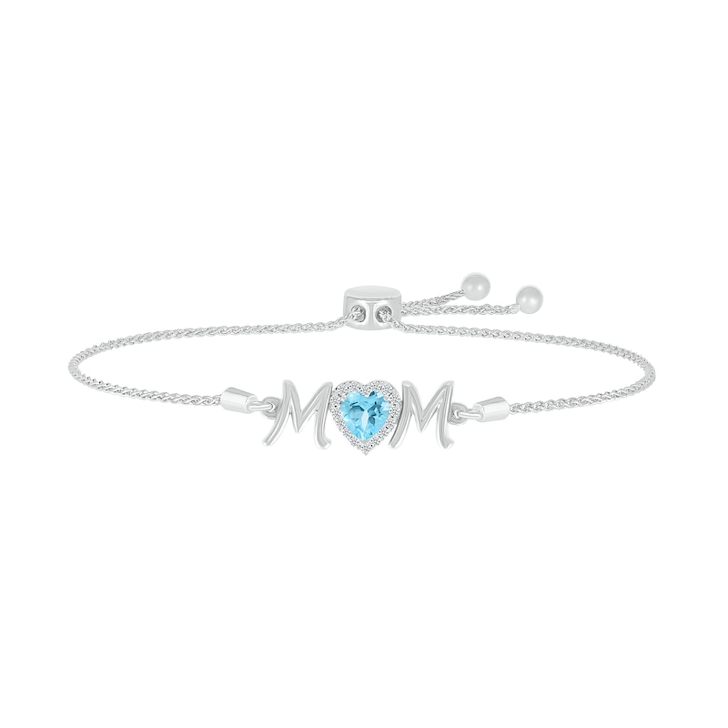 6.0mm Heart-Shaped Swiss Blue Topaz and White Lab-Created Sapphire "MOM" Bolo Bracelet in Sterling Silver - 9"|Peoples Jewellers