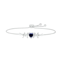 6.0mm Heart-Shaped Blue and White Lab-Created Sapphire &quot;MOM&quot; Bolo Bracelet in Sterling Silver - 9&quot;