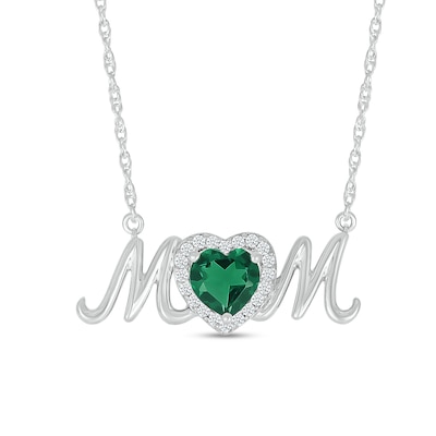 6.0mm Heart-Shaped Lab-Created Emerald and White Lab-Created Sapphire "MOM" Necklace in Sterling Silver