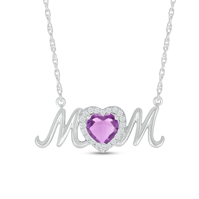 6.0mm Heart-Shaped Amethyst and White Lab-Created Sapphire "MOM" Necklace in Sterling Silver