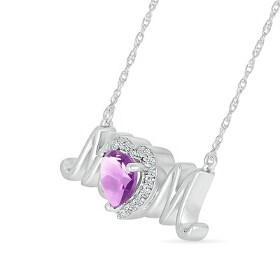 6.0mm Heart-Shaped Amethyst and White Lab-Created Sapphire "MOM" Necklace in Sterling Silver