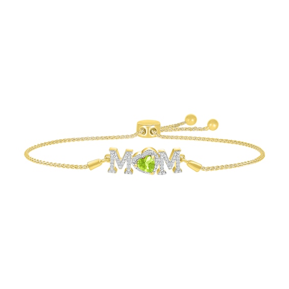 5.0mm Heart-Shaped Peridot and White Lab-Created Sapphire "MOM" Bolo Bracelet in 10K Gold - 9"