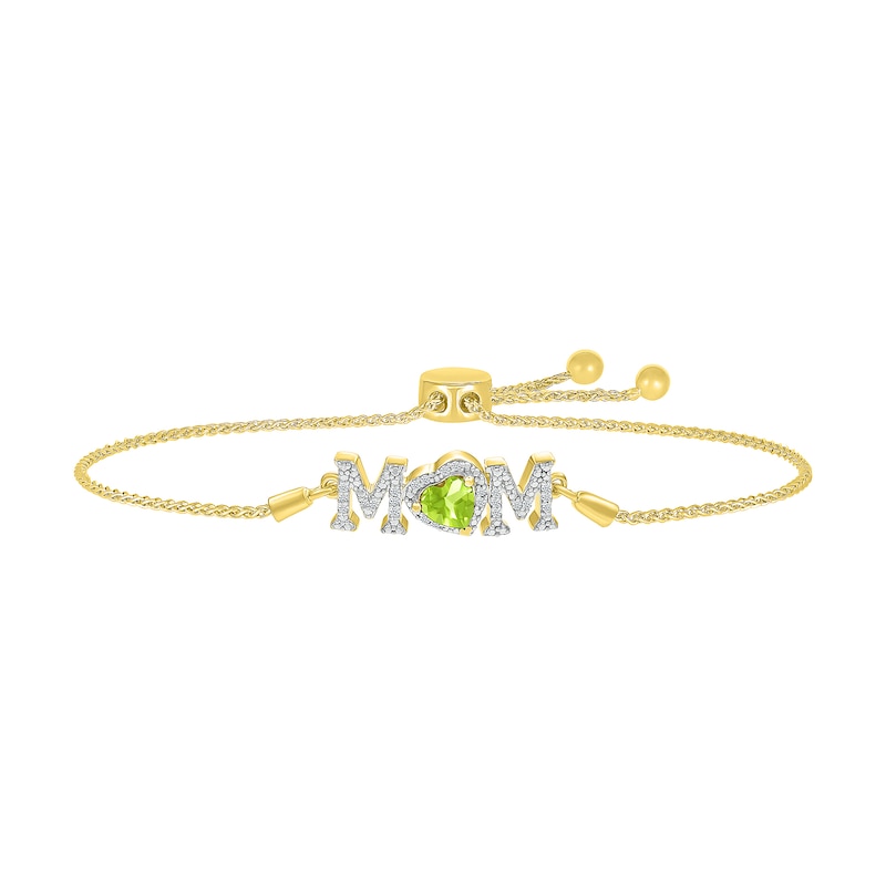 5.0mm Heart-Shaped Peridot and White Lab-Created Sapphire "MOM" Bolo Bracelet in 10K Gold - 9"|Peoples Jewellers