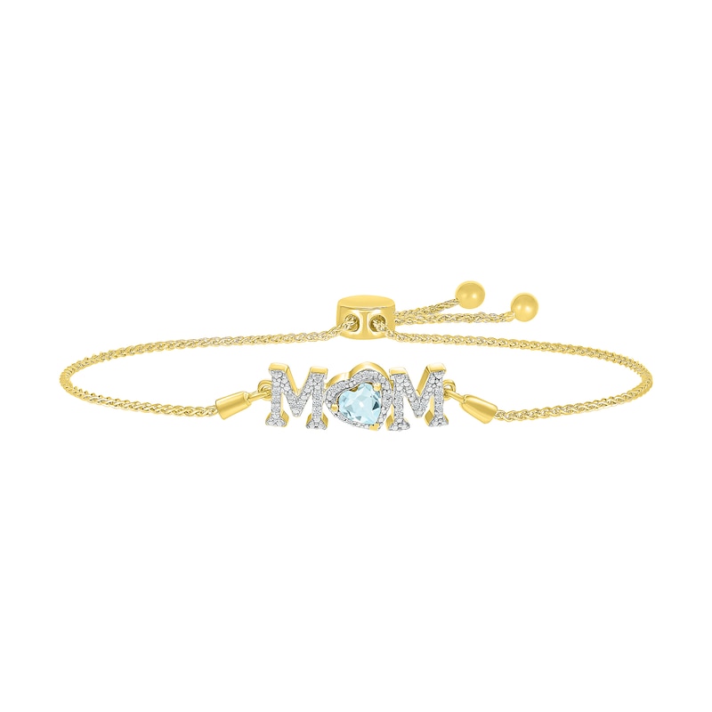 5.0mm Heart-Shaped Aquamarine and White Lab-Created Sapphire "MOM" Bolo Bracelet in 10K Gold - 9"|Peoples Jewellers