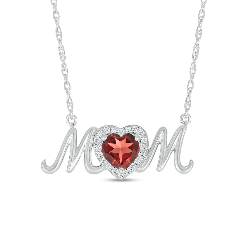 6.0mm Heart-Shaped Garnet and White Lab-Created Sapphire "MOM" Necklace in Sterling Silver|Peoples Jewellers