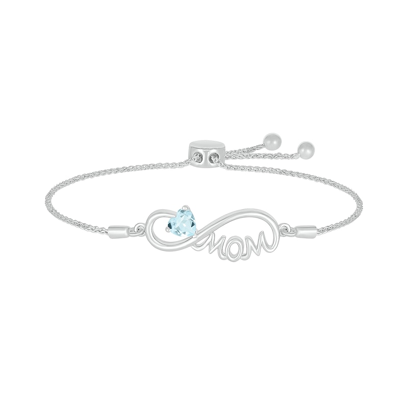 5.0mm Heart-Shaped Aquamarine "MOM" Infinity Bolo Bracelet in Sterling Silver - 9"|Peoples Jewellers