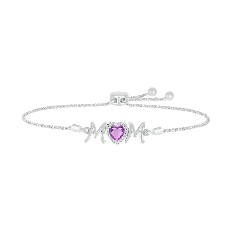 6.0mm Heart-Shaped Amethyst and White Lab-Created Sapphire "MOM" Bolo Bracelet in Sterling Silver - 9"|Peoples Jewellers