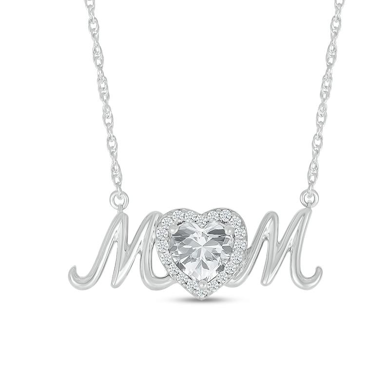 Main Image 1 of 6.0mm Heart-Shaped White Lab-Created Sapphire &quot;MOM&quot; Necklace in Sterling Silver